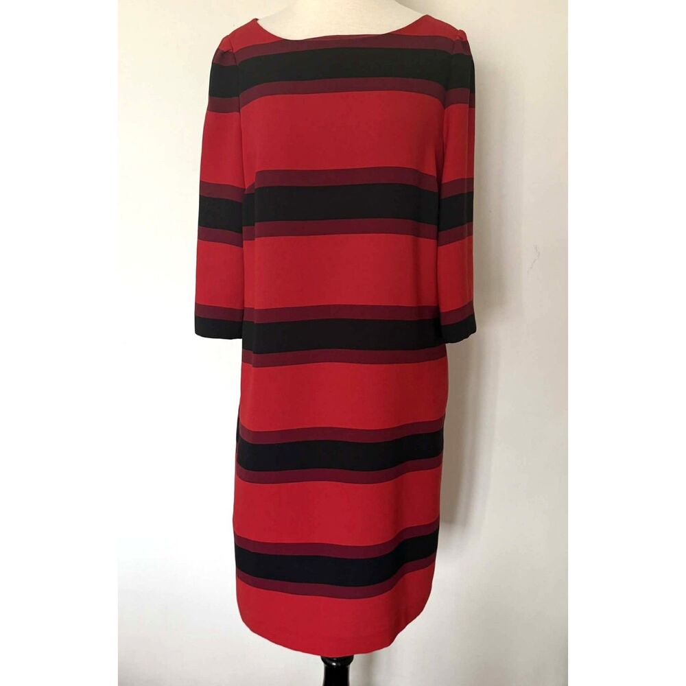 Max Mara Weekend Red & Black Striped Elbow Sleeve Polyester Shift Dress Sz 10